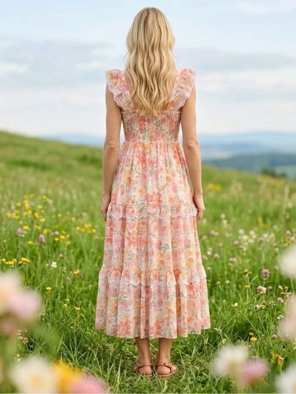 Haute Hippie Dress Sz 12 Pink White Floral Tiered Ruffle Smocked Midi Boho Beach - Picture 2 of 8